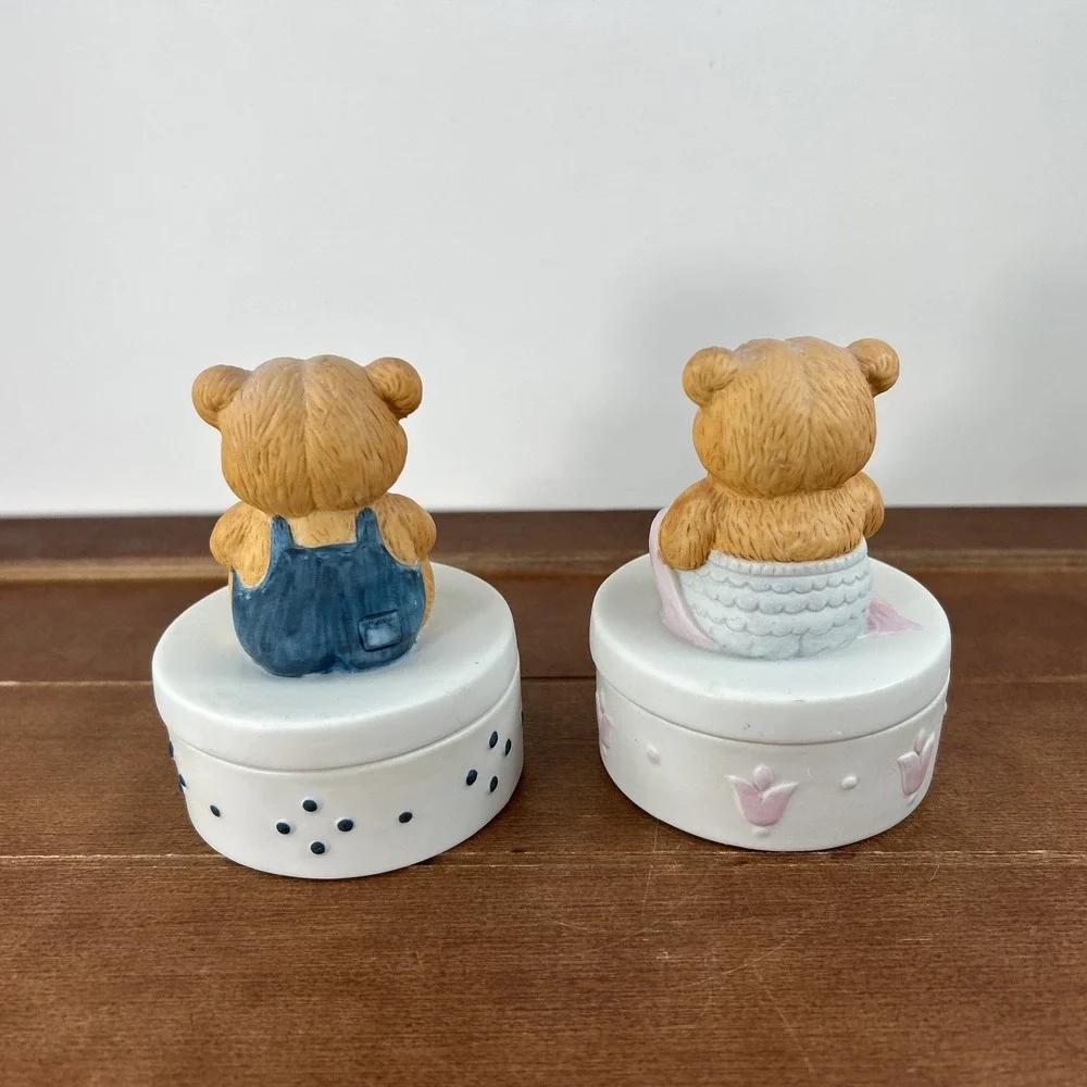 Vintage Ceramic Teddy Bear Trinket Box Pair Baby‎ Gift Decor Set Nursery